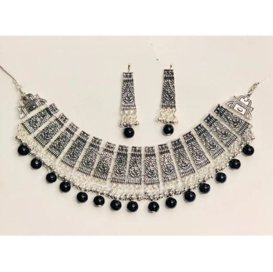Latest Style And Cultural Jewelry Black Pearl Beautiful Silver Choker With Drop Earrings For All Ages Women
