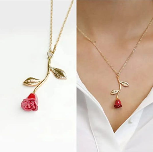 Red Rose Necklace With Leafs | Romantic Rose Flower Necklace For Women